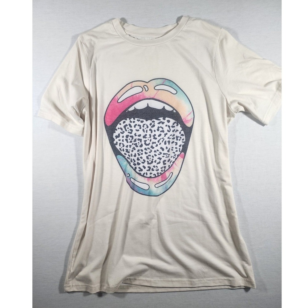 Rainbow Lips Leopard Tongue Tie Dye Y2K Womens‎ Medium Unbranded T-Shirt Cream